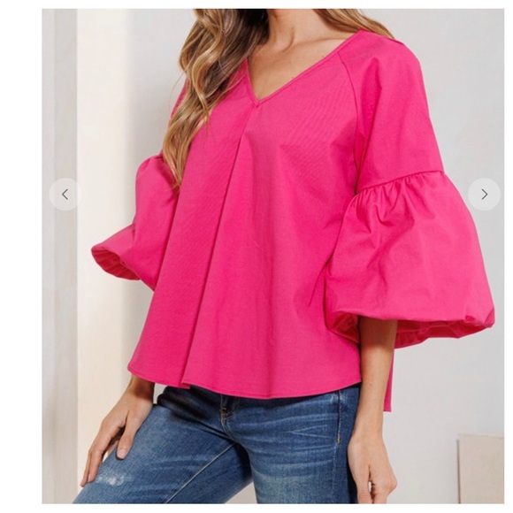 Boho Balloon Sleeve Baby Doll V-neck Solid Top - Picture 4 of 6